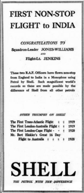 Congratulations for Jones-Williams and Jenkins provide an advertising opportunity for Shell Oil, who supplied the fuel for their record-breaking flight.  | 'The Yorkshire Post,' 27/4/1929