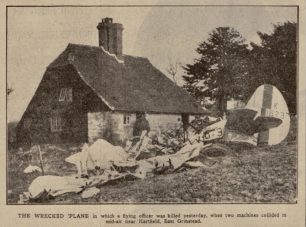 The wreckage of Bristol Bulldog K1673 in the garden of Mrs. Day's cottage.  | Sheffield Daily Telegraph 27/04/1932