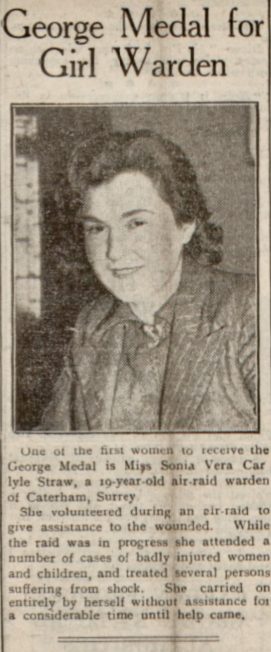Sonia Vera Carlile Straw GM - 1st September, 1940, Caterham | Dundee Evening Telegraph, 2nd October, 1940