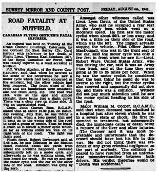 Newspaper report on the inquest into F/Lt. Ibbotson's death.  | Surrey Mirror and County Post 6/8/1943
