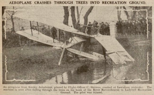 The Bristol Fighter came to rest with one wing in the River Ravensbourne.  | Sunday Illustrated 21/1/1923