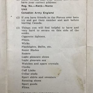 Knights of Columbus Leaflet. Page 4, List of items difficult to obtain in wartime Britain. 