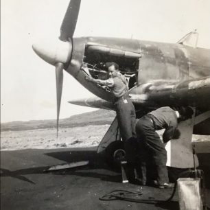 Stan Ford working on the engine of Hurricane Mk.I, V6878 at RAF Valley, Spring 1941.  | Walter James 