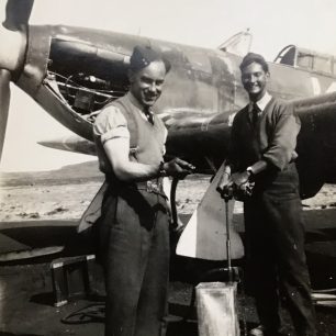 Stan Ford and a fellow 'erk' horsing around for the camera in front of Hurricane Mk.I, V6878, at RAF Valley. Spring 1941.  | Walter James 