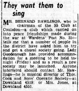 Efforts to start a Choral Society in 1950.  | The Caterham Times and Surrey County Mail, 14/4/1950